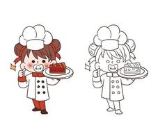 linda joven chef sonriendo y sosteniendo un trozo de pastel de fresa. ilustración de arte vectorial de dibujos animados vector