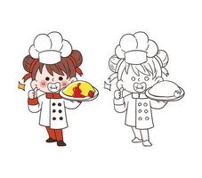 linda joven chef sonriendo y sosteniendo una tortilla con arroz. ilustración de arte vectorial de dibujos animados vector