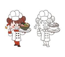 Cute young chef girl smiling and holding a bowl of ramen.cartoon vector art illustration