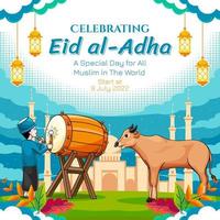 eid al adha con baterista y vaca ilustración vector