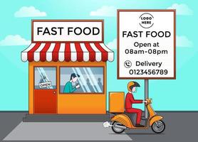 Fast food store and delivery man illustration template vector