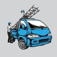 ilustración de una mini camioneta y un trabajador de estructura de construcción vector