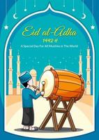 tarjeta feliz eid mubarak con ilustración de baterista vector