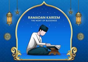 ramadan kareem con una ilustración de una persona leyendo el corán vector