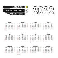 Calendario 2022 en idioma sueco, la semana comienza el domingo. vector