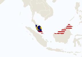 asia con el mapa de malasia resaltado. vector