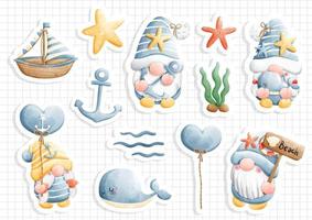 Sticker sheet gnome summer, nautical gnome vector illustration