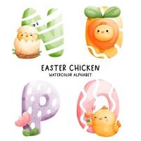 Easter chicken, watercolor alphabet. Vector illustration