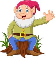 Cartoon happy dwarf sitting on tree stump vector