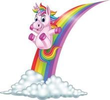 Cartoon unicorn sliding on a rainbow vector