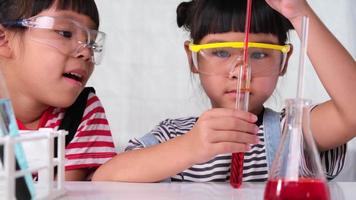 kinderen leren en doen wetenschappelijke experimenten in de klas. twee zusjes spelen wetenschappelijk experiment voor thuisonderwijs. eenvoudige en leuke wetenschappelijke experimenten voor kinderen thuis. video