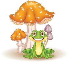 Cartoon funny frog with mushrooms vector