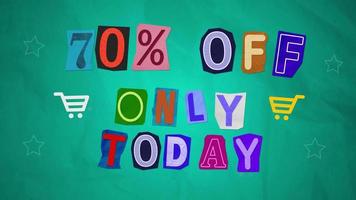 Animation 70 Percent Off only today ransom note paper cut suitable for Sale, discount Off, Offer, business promotion , advertisement video