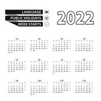 Calendario 2022 en idioma coreano, la semana comienza el domingo. vector