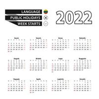 2022 calendar in Lithuanian language, week starts from Sunday. vector