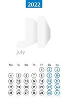 Calendar for July 2022, blue circle design. English language, week starts on Monday. vector