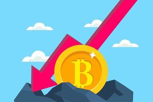 The Fallen In Price Bitcoin Flying Down On Red Arrow. Bankrupt Bitcoin. illustration flat vector template