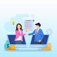 Agreement concept. Business people standing on a signed contract. flat vector illustration