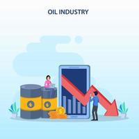 Businessman character looking at declining oil chart price with oil drum and coins flat vector