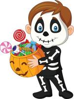 Cartoon kid with skeleton costume holding pumpkin bag full candy vector