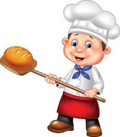 Cartoon baker holding bakery peel tool with bread vector