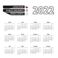 2022 calendar in Czech language, week starts from Sunday. vector