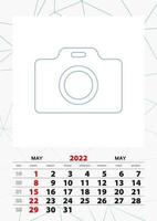 Wall calendar planner template for May 2022, week starts on sunday. vector