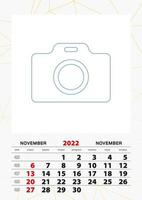 Wall calendar planner template for November 2022, week starts on sunday. vector