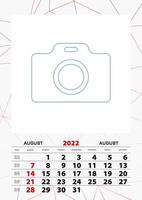 Wall calendar planner template for August 2022, week starts on sunday. vector