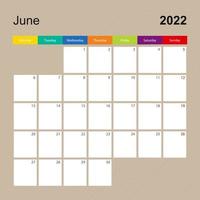 Calendar page for June 2022, wall planner with colorful design. Week starts on Monday. vector