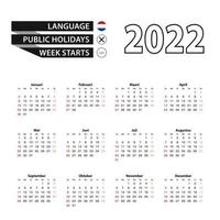 Calendario 2022 en holandés, la semana comienza el domingo. vector