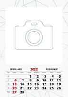 Wall calendar planner template for February 2022, week starts on sunday. vector