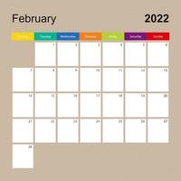 página de calendario para febrero de 2022, planificador de paredes con diseño colorido. la semana comienza el lunes. vector