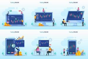 concepto de comercio en línea. estrategia de compraventa de divisas, invertir en acciones. plantilla de vector plano