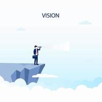 Vision concept vector illustration with business man looking through telescope from a cliff. Flat vector template Style Suitable for Web Landing Page.