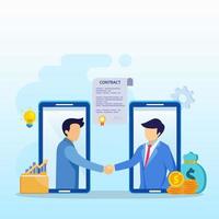 Agreement concept. Business people standing on a signed contract. flat vector illustration