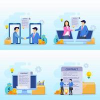 Agreement concept. Business people standing on a signed contract. flat vector illustration