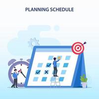 concepto de programación de planificación, personas que completan la programación en un calendario gigante, planificación del trabajo, trabajo en curso. estilo de plantilla de vector plano adecuado para páginas de destino web.