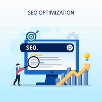 concepto de optimización seo, desarrollo de sitios web, emprendedor, web de negocios, analista de datos, ilustración con íconos y carácter. estilo de plantilla de vector plano adecuado para páginas de destino web.