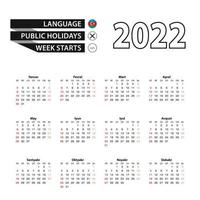 Calendario 2022 en idioma azerbaiyano, la semana comienza el domingo. vector