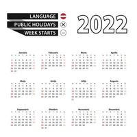 Calendario 2022 en letón, la semana comienza el domingo. vector