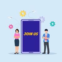 Join Us vector concept. business people standing with Join Us text on the screen
