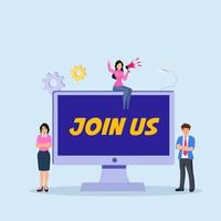 Join Us vector concept. business people standing with Join Us text on the screen