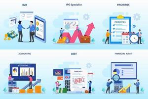 Set bundle Business concept. b2b, ipo specialist, priorities, accounting, debt, financial audit vector