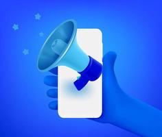 Comic hand with smartphone and loudspeaker. 3d vector illustration