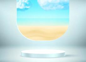 Product Showcase with the window and paradise landscape. 3d vector mockup with circle stage