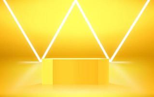 Golden hexagon showcase with neon light. 3d vector illustration with copy space