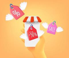 Get discounts in internet shop via mobile app. 3d vector concept