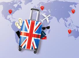Travel suitcase with united kingdom flag and travel accessories. 3d vector concept
