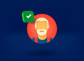 Old man avatar with checkmark icon. 3d vector illustration